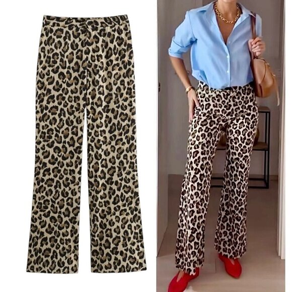 NEW Leopard Print Pants Sz.M Tan Black High Rise  Flared Animal Print 90s Casual - Picture 1 of 12
